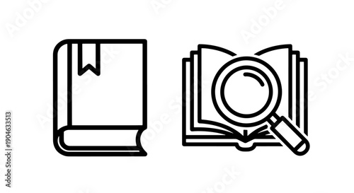 Study and Research Icons: Closed Book, Open Book with Magnifying Glass