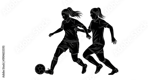 Strong Silhouette of Female Soccer Players Dribbling Ball and Competing in a Dynamic Match