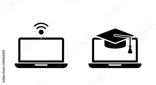 Laptop with Wi-Fi and Laptop with Graduation Cap - Connectivity and Education