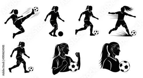 Female Soccer Player Action Silhouettes for Sports Marketing Web Design Fitness Motivation Dynamic Energy