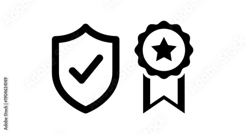 Shield with Checkmark and Award Ribbon Icons for Security, Approval, and Achievement