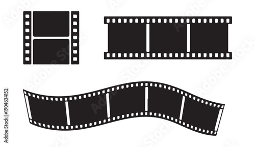 Set of black and white film strip with empty frames isolated on a white background design element