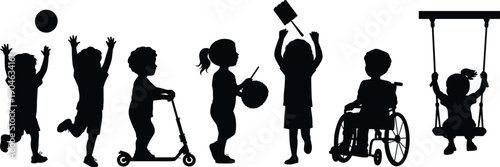 Children playing silhouette set with inclusive kids activities, playground fun concept, happy childhood moments, flat vector illustration isolated