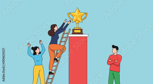 Ambitious Teamwork: Reaching for the Top Award, Symbolizing Success and Achievement.