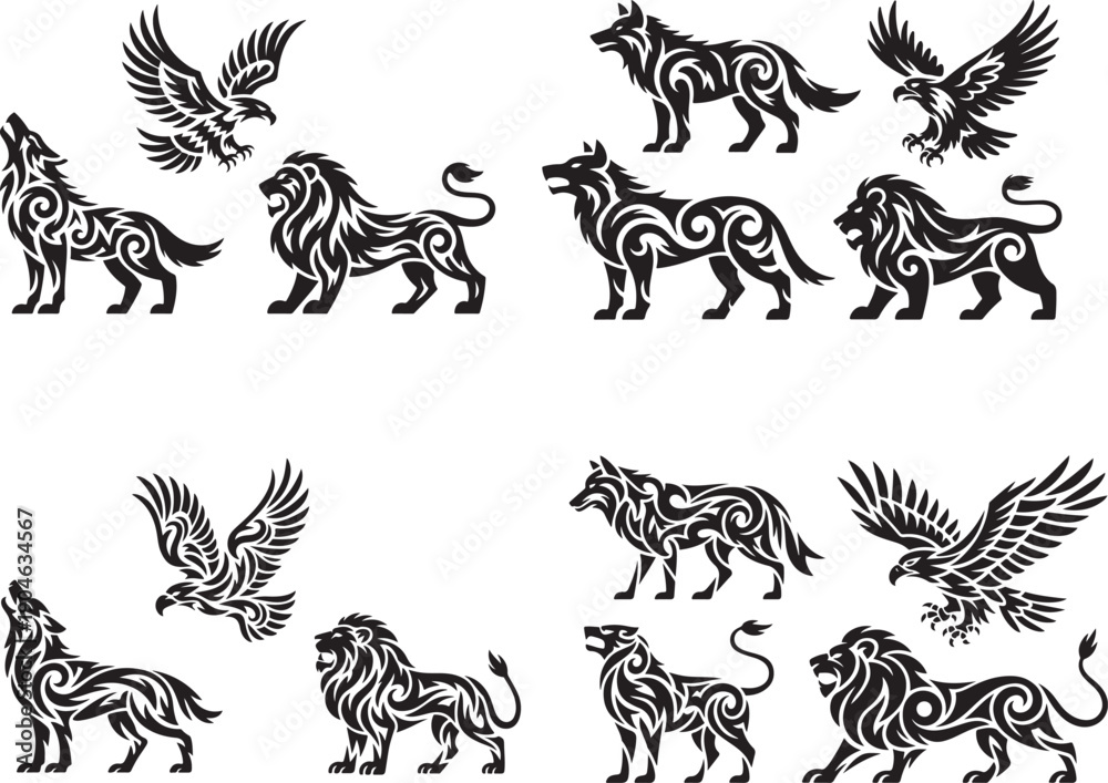 Fototapeta premium Stylized Black Animal Silhouettes with Tribal Patterns