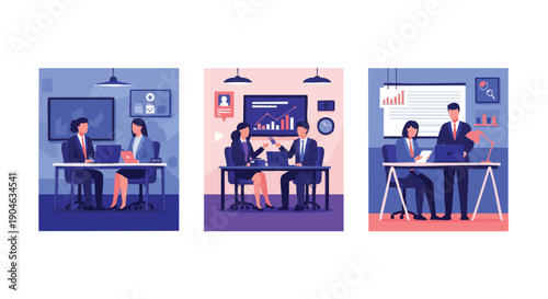 Business Meeting Concepts: Collaboration, Analysis, and Planning in Modern Office Scenarios.