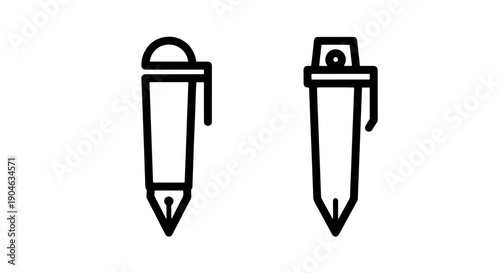 Two simple line art icons of pens, representing writing, communication, and office work