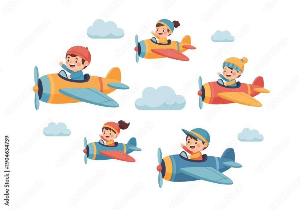 Obraz premium Cute kids flying colorful toy airplanes in the sky with clouds, happy children playing pretend pilots illustration for kids design