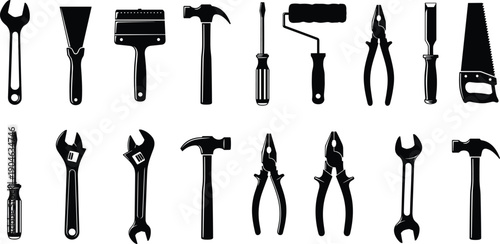 Silhouette collection of essential hand tools for construction, carpentry, repair, and DIY projects including hammer, wrench, screwdriver, saw, pliers, chisel, roller