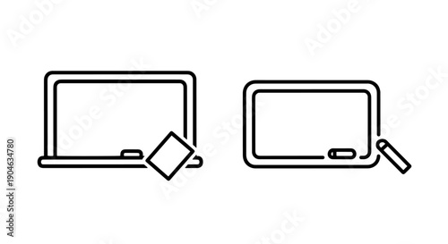 Icons of two whiteboards with chalk and eraser, for education, presentation, and planning