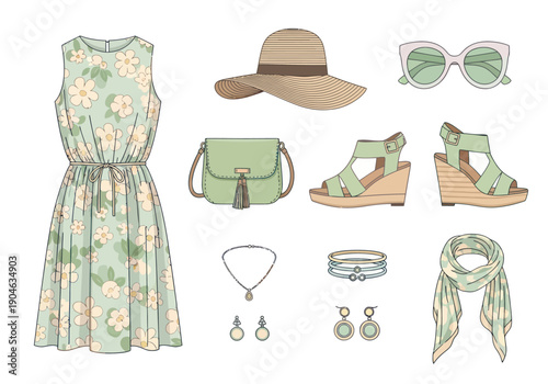 Floral summer dress with matching hat, sunglasses, handbag, wedge sandals, jewelry and scarf set, perfect for casual and beachwear fashion
