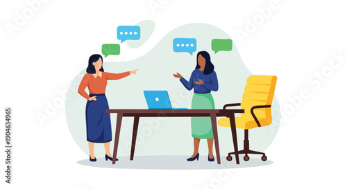 Diverse businesswomen collaborating at office desk with laptop, discussing ideas and sharing information through speech bubbles.