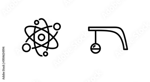 Outline science icons: atom symbol and pendulum, representing physics and motion.