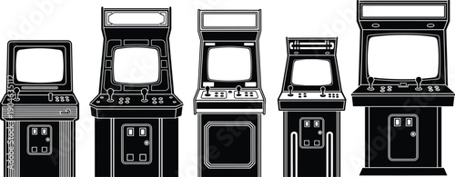 Vintage arcade game machines in black-and-white silhouette style, nostalgic retro gaming cabinets with joysticks, buttons, coin slots, and classic entertainment design