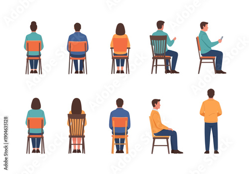 Set of diverse people sitting and standing in different positions viewed from back and side in casual clothing, perfect for business or lifestyle design