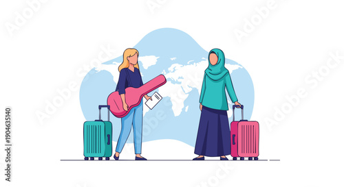 Diverse friends with luggage and guitar travel the world, representing global connection and cultural exchange.