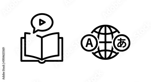 Outline icons for learning: open book with play button and globe with alphabet, symbolizing languages.