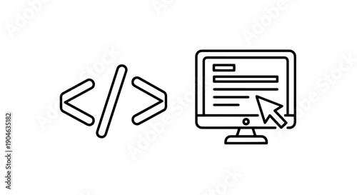 Coding icons: angle brackets and computer with cursor, simple line art