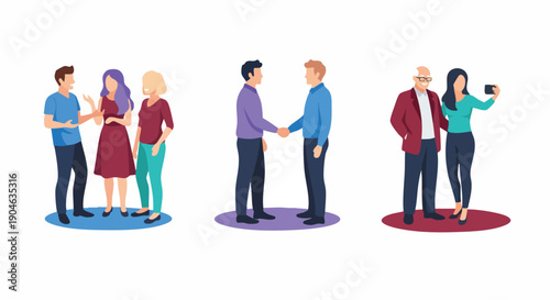 Diverse group of people interacting: friends chatting, business handshake, and selfie photo with diverse ages.