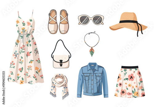 Summer fashion collection with floral dress, denim jacket, skirt, accessories and shoes perfect for casual and outdoor wear
