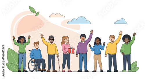 Diverse Group of People Waving and Celebrating Together, Promoting Inclusion and Diversity.