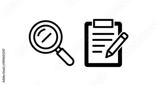 Research and writing icons: magnifying glass and clipboard with pencil