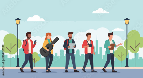 Diverse group of people walking in a park with city skyline background, pursuing hobbies and technology.