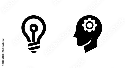 Idea icons: light bulb and silhouette head with gear, representing innovation