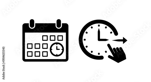 Calendar and Clock Icons with Hand Pointing to Time for Scheduling and Deadlines