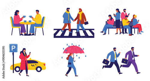 Diverse Urban Lifestyle Scenes: Commuting, Leisure, and Social Interactions.