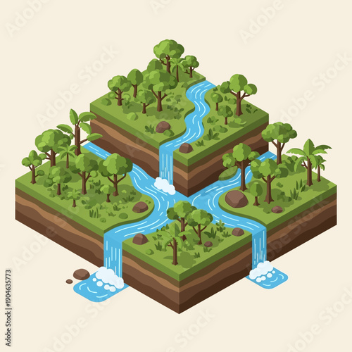 Isometric illustration of a river flowing through a lush green landscape with trees and rocks.
