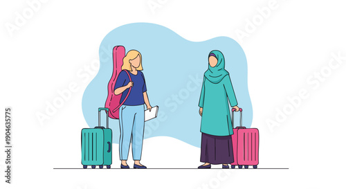 Diverse women with luggage and musical instrument traveling for leisure, business, or cultural exchange.