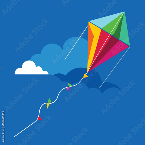 a colorful kite soars high against a bright blue sky with fluffy white clouds and a long flowing string