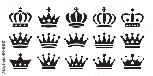 Minimalist crown icon set for royal branding and elegant stationery designs in black vector silhouette format