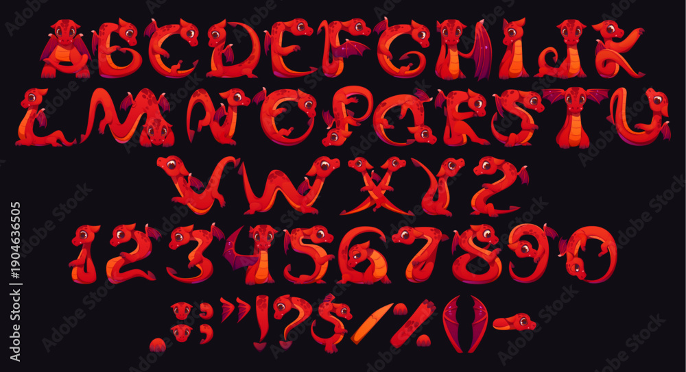 Naklejka premium Red dragon font, cartoon kids reptile characters typeface, cute animal abc type, children english alphabet set. Vector typography fairytale font letters and numbers of funny red baby dragon characters