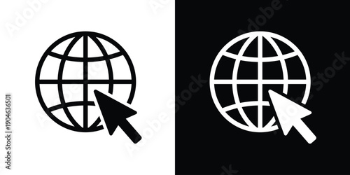 Global web internet vector icon with cursor arrow. Website link, online navigation, and world wide web symbol for digital marketing and tech designs.