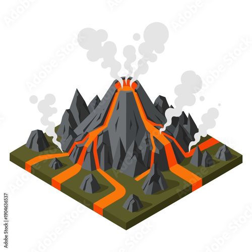 Erupting Volcano with Lava Flows and Smoke Illustration.