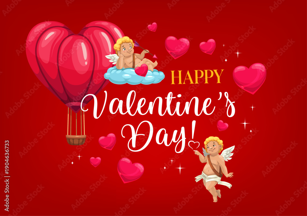 Fototapeta premium Happy Valentine day greeting card with cherub characters. Vector holiday banner with charming flying cupids, hot air balloon and scattered glossy hearts around the festive message on red background