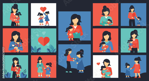 Mother and Daughter Love Relationship Family Bonding Collection of Flat Vector Illustrations for Daycare and Parenting Themes.
