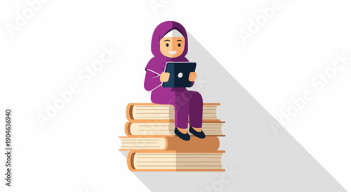 Young Muslim woman in hijab using laptop while sitting on a stack of books, symbolizing education and technology