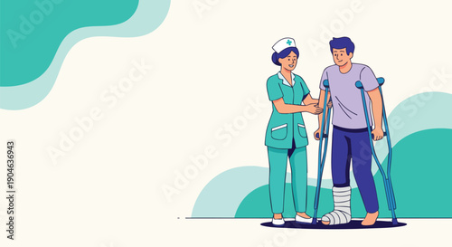 Nurse Assisting Patient with Broken Leg and Crutches, Medical Care and Rehabilitation Illustration.