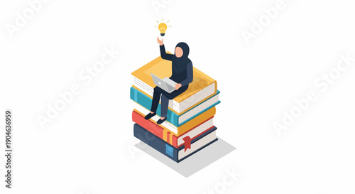 Muslim woman in hijab sitting on stack of books with laptop and lightbulb, representing education, learning, and new ideas