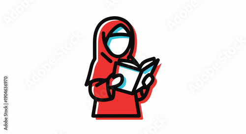 Stylized illustration of a Muslim woman in a hijab reading a book, symbolizing education and knowledge