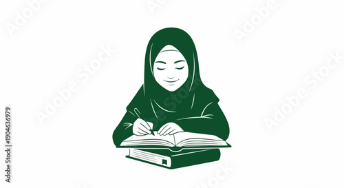 Young Muslim girl in hijab studying and writing in an open book, illustration on white background