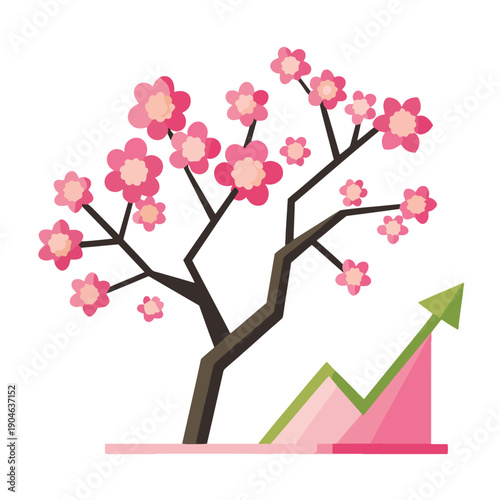 a stylized illustration showcases a blossoming cherry tree with vibrant pink flowers and a rising graph symbolizing growth and prosperity
