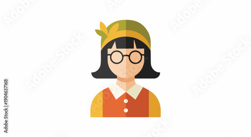 Cute flat design illustration of a young girl with glasses and a bandana, representing childhood and innocence.