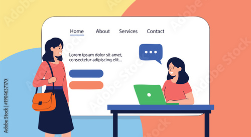 Successful business women collaborating online on a digital platform, modern flat design.