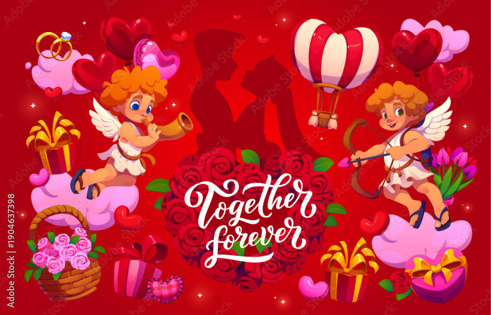 Fototapeta premium Valentine day Together Forever greeting card with cute cupid cherubs, cartoon vector. Cupid angels with bow and arrow, hearts balloons and bride and bridegroom kiss silhouette for Valentine greeting