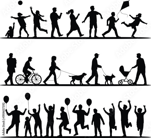 Black silhouettes of people engaging in various leisure activities outdoors white background outdoor activities