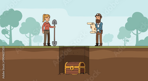 Treasure Hunters Discovering Ancient Chest Buried Underground with Map and Shovel.